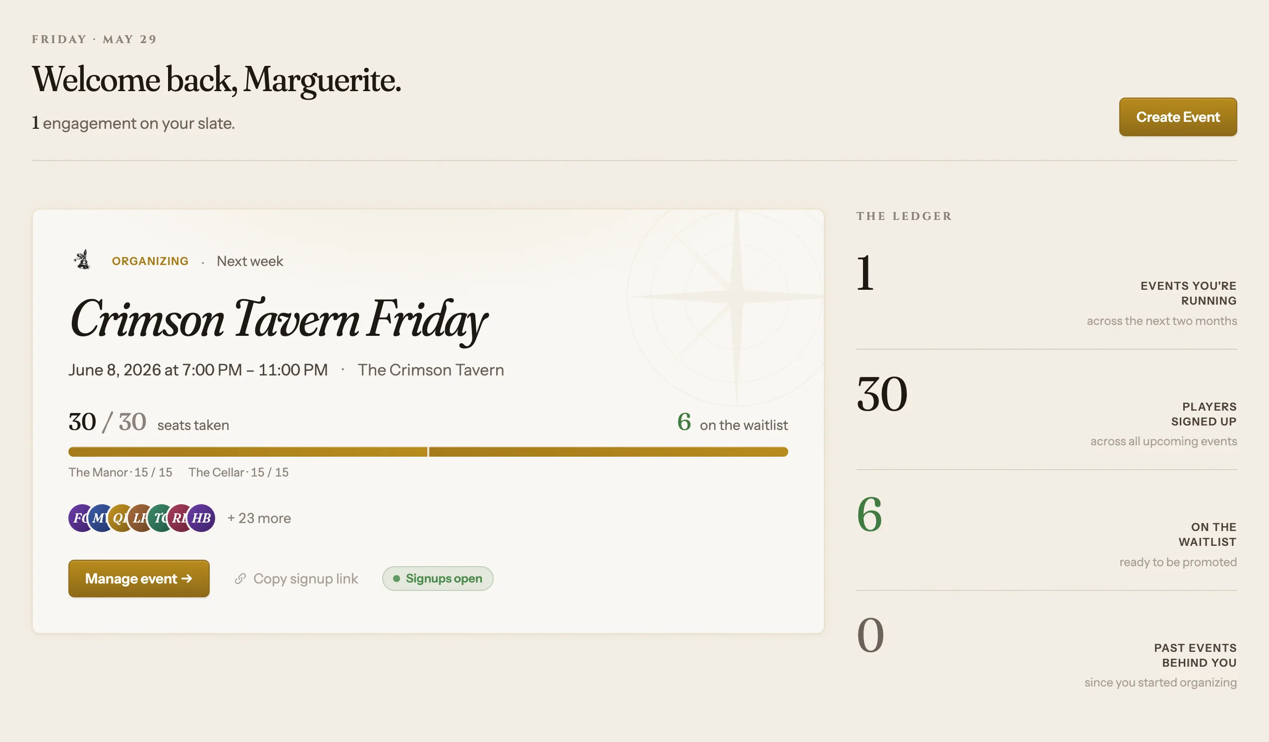 The Create Event button sits up top, next to your upcoming events and THE LEDGER stats.