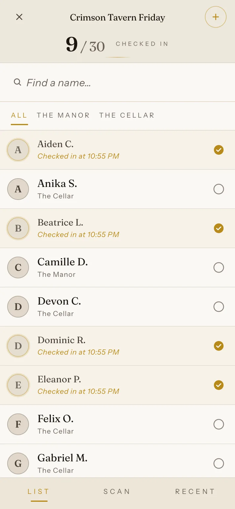 The door screen: live counter up top, names below, LIST / SCAN / RECENT along the bottom.