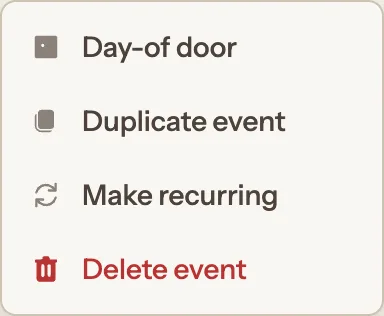 The More actions menu, with Duplicate event and Make recurring.