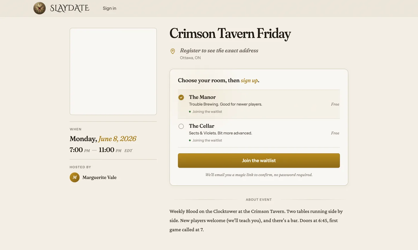 The public event page: date, host, the rooms, and the join button.