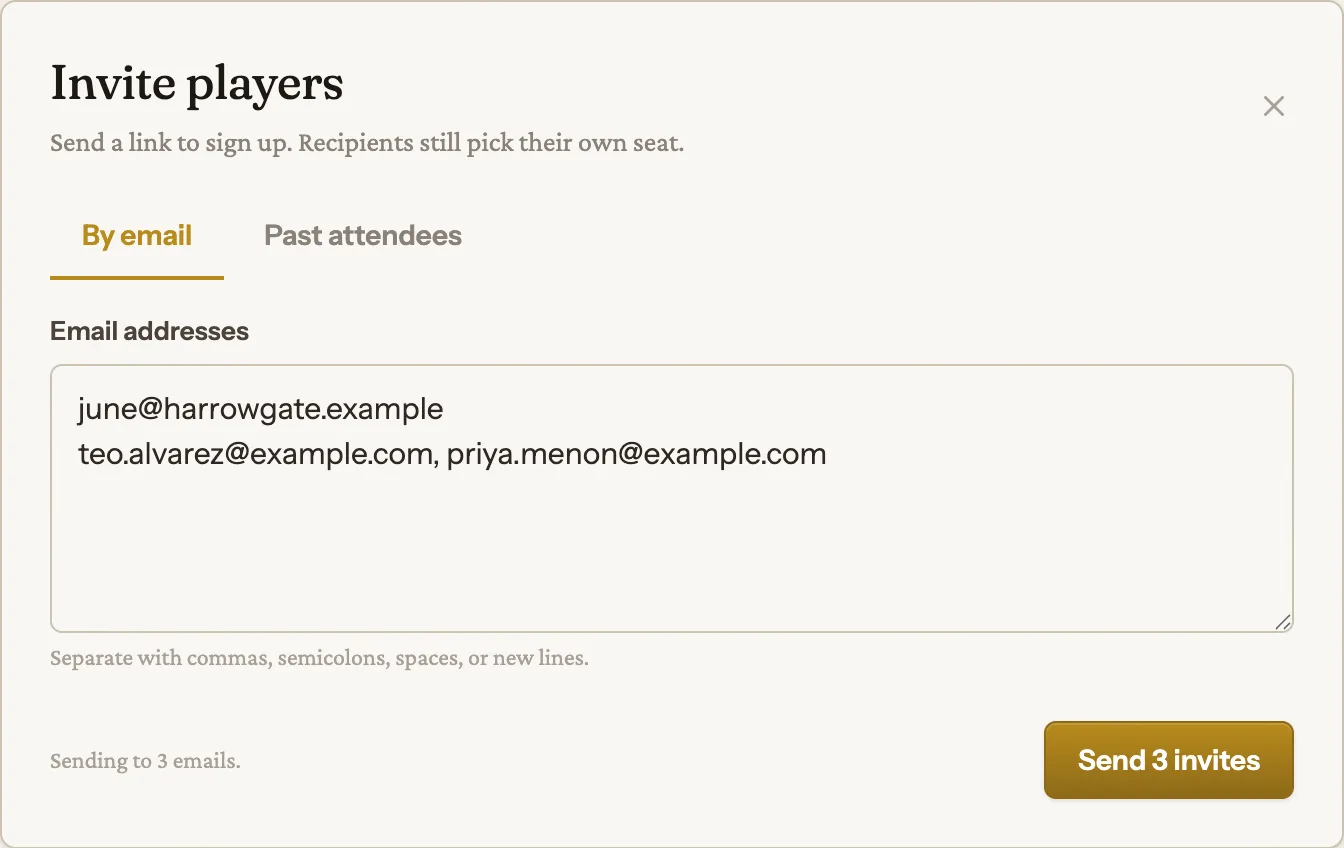 The By email tab. Paste a list, watch the counter, then Send invites.
