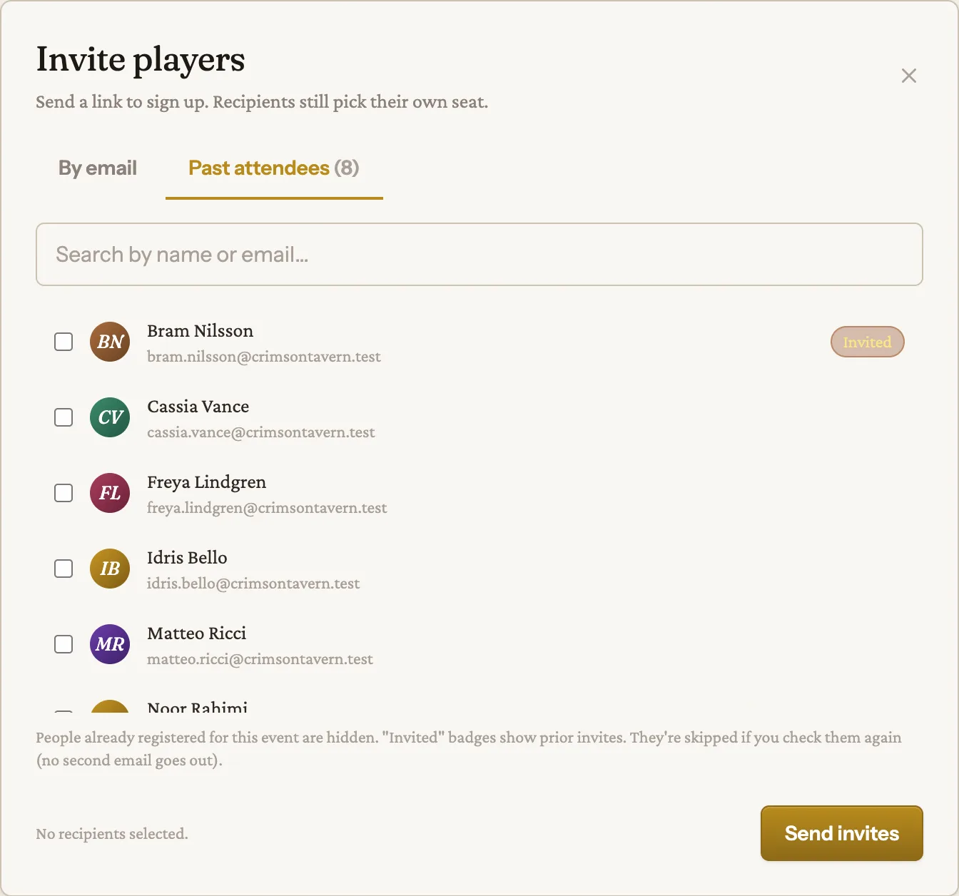The Past attendees tab. Search, check who you want, and prior invites wear an Invited badge.