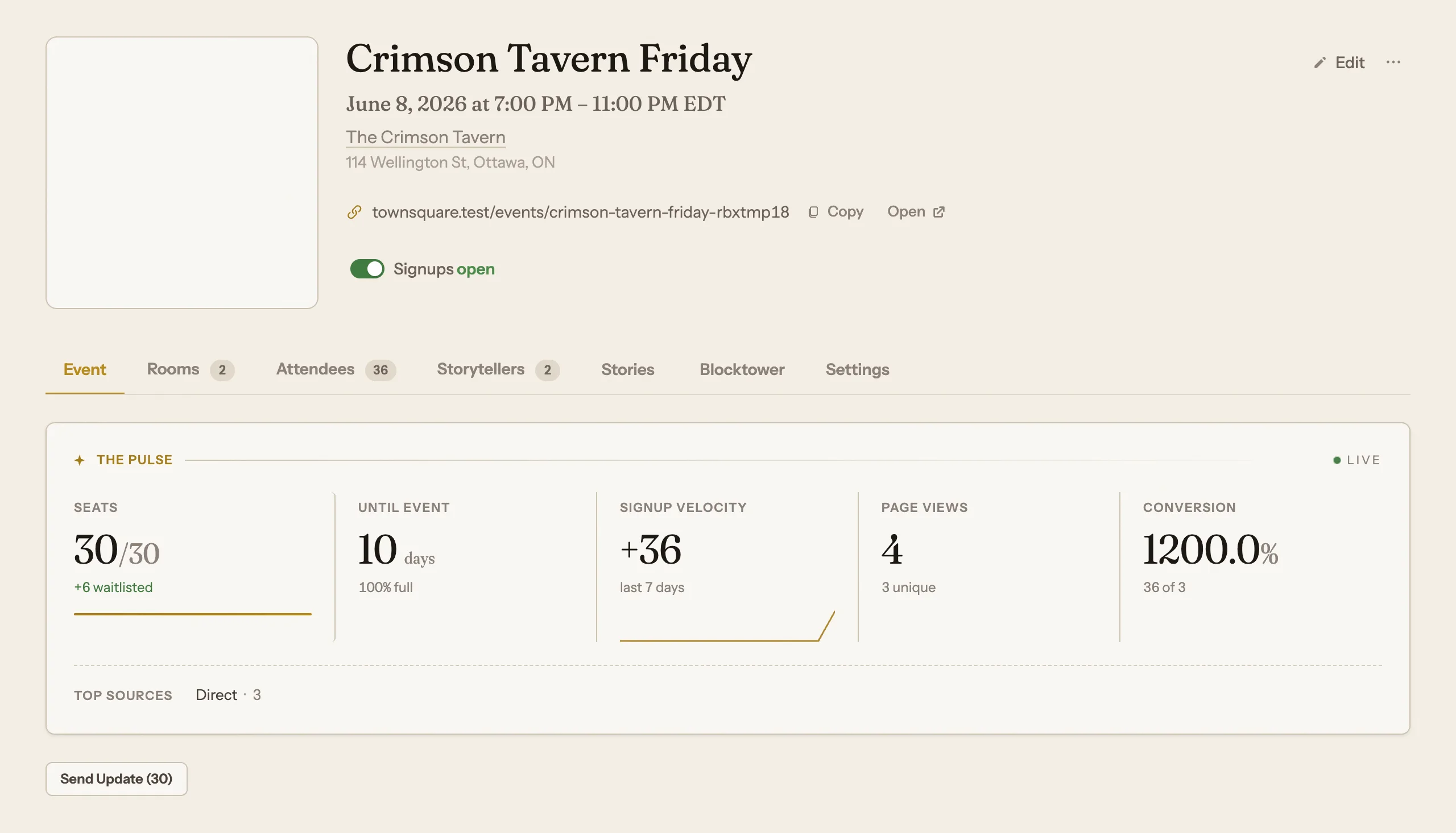 The management hub: shareable signup link, the Signups open toggle, the tab bar, and a live stats strip.