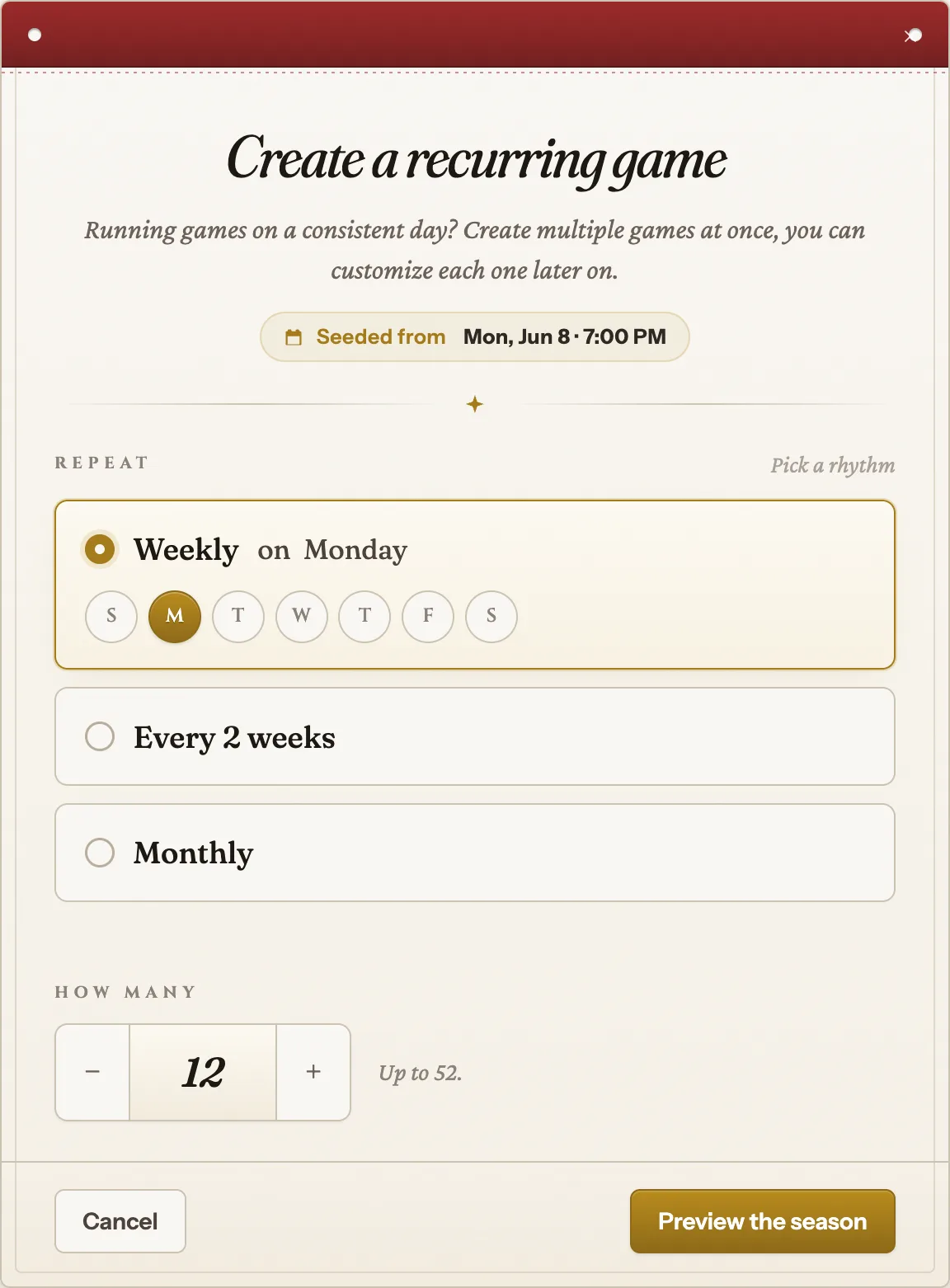 The Create a recurring game modal: cadence on top, count below.