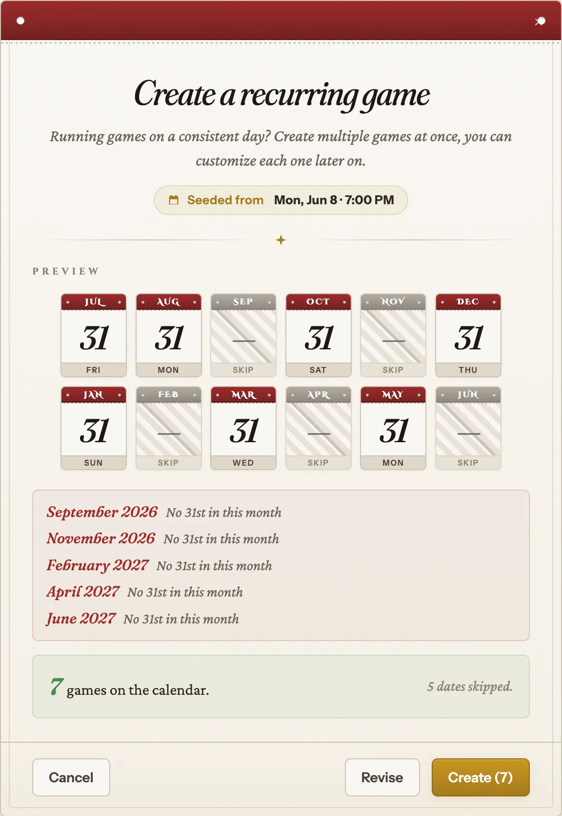 The preview: calendar tiles with a skipped date called out below.