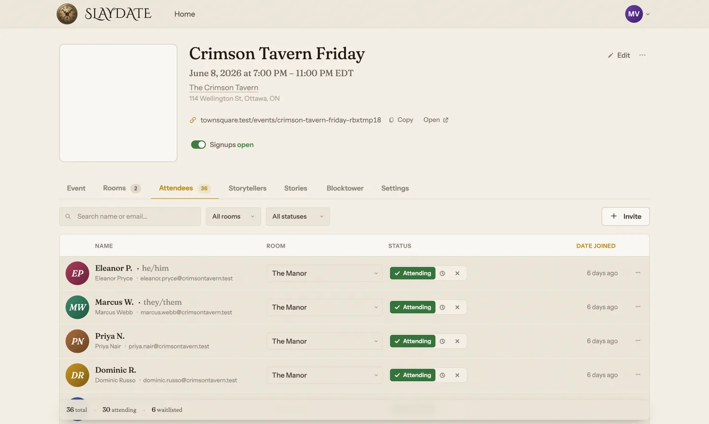 The roster: search, room and status filters, and a row per player. Tally and per-room meters at the bottom.