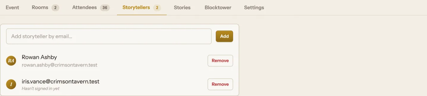 The Storytellers tab: add a storyteller by email, and the current list.