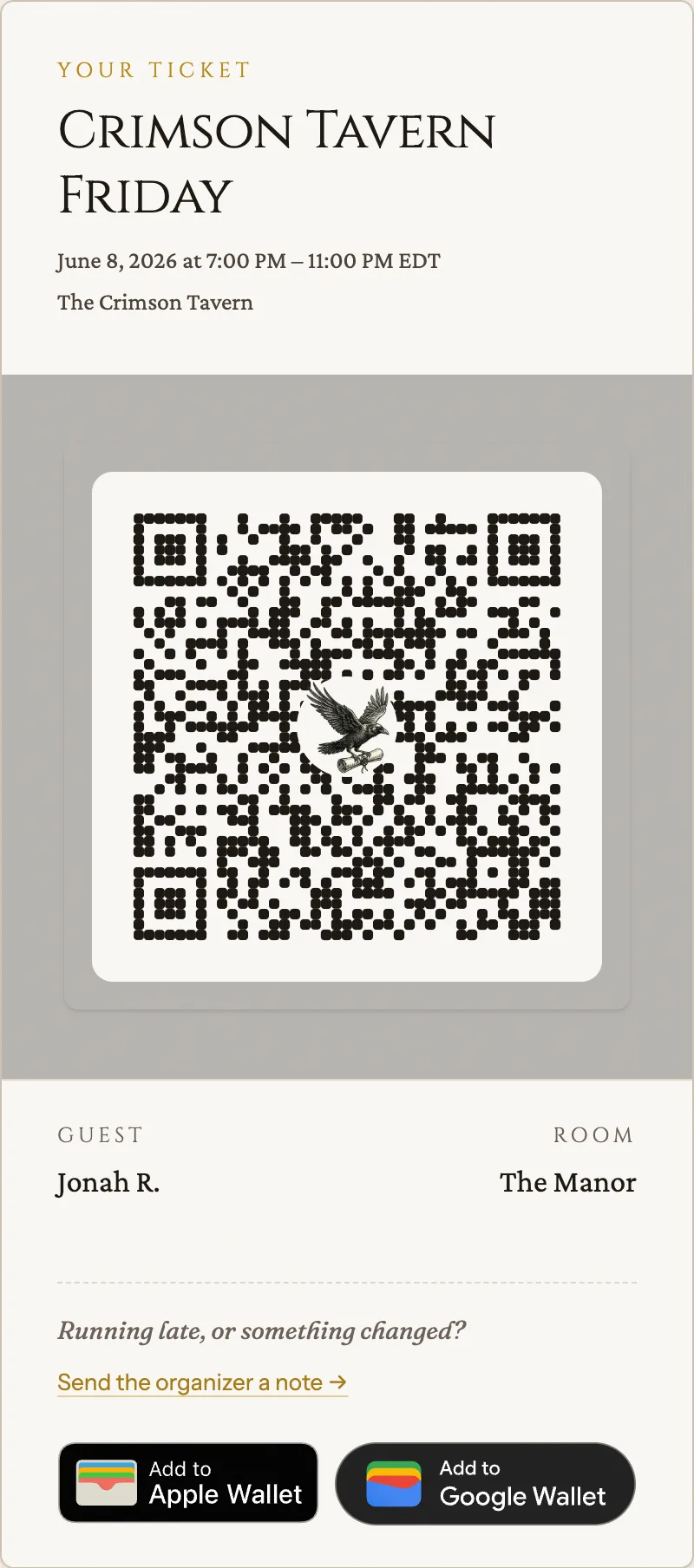 Your ticket: event details, the QR the door scans, and wallet buttons.