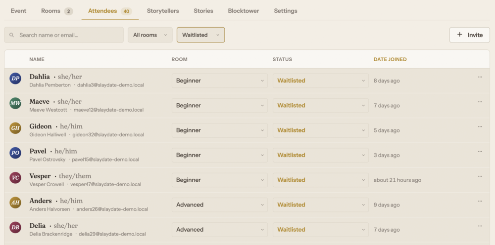 Slaydate waitlist management screen